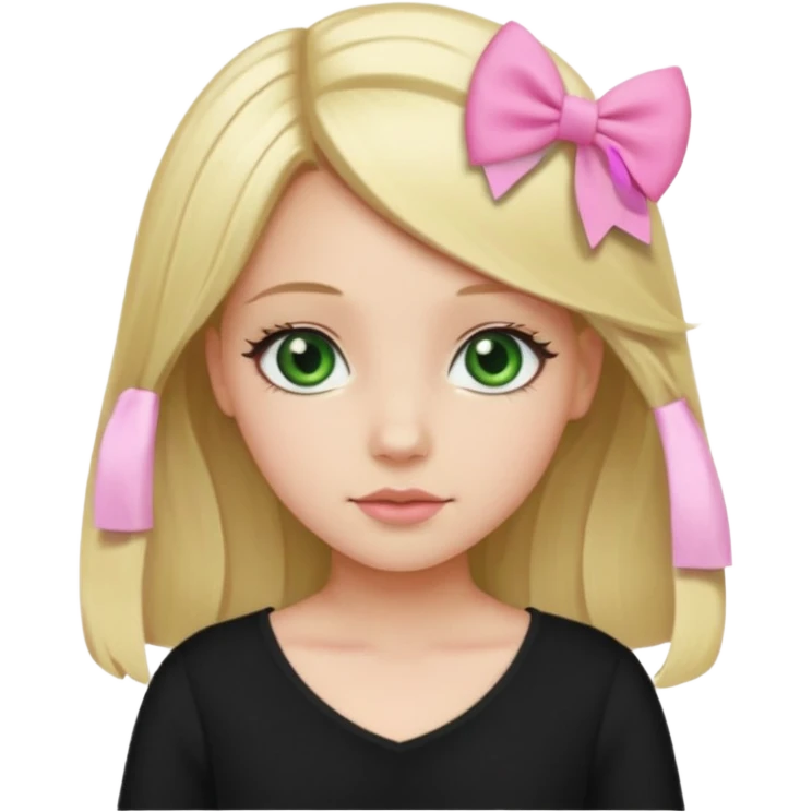 blonde girl middle part, pink bow in hair, plain black top, green eyes. emoji