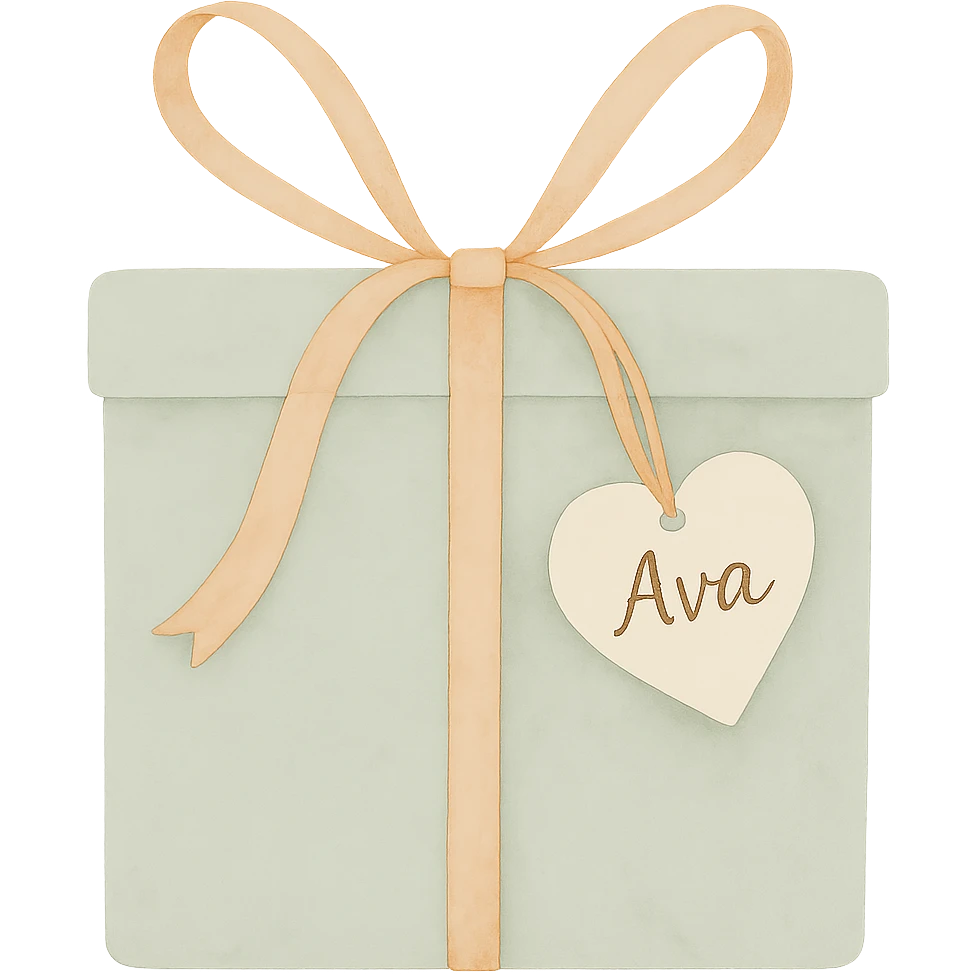 Add the name 'Ava' to the heart-shaped gift tag in the same watercolor art style, with no background. emoji