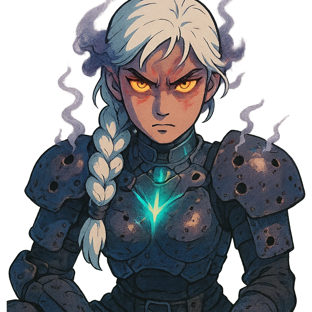  she is wearing armor, maximum power , armor riddled with bullet holes, smoking, vengeful aura demon glare eyes, a closeup portrait of young woman with gold yellow eyes, white hair, long braid, black off-shoulder top d-cup, punk gothic style, futuristic cyberwave cyberpunk, sitting position emoji
