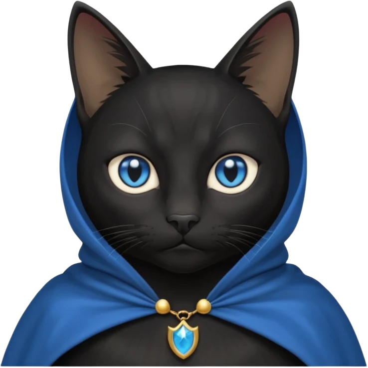 An Anthromorphic all black cat with blue eyes wearing an all black cape emoji