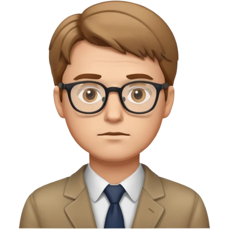 white male reporter with light brown hair, wearing glasses, looking at photographs, thoughtful expression emoji