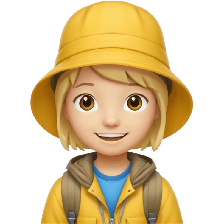 Little student wears yellow bucket hat and jacket, backpack, happ emoji