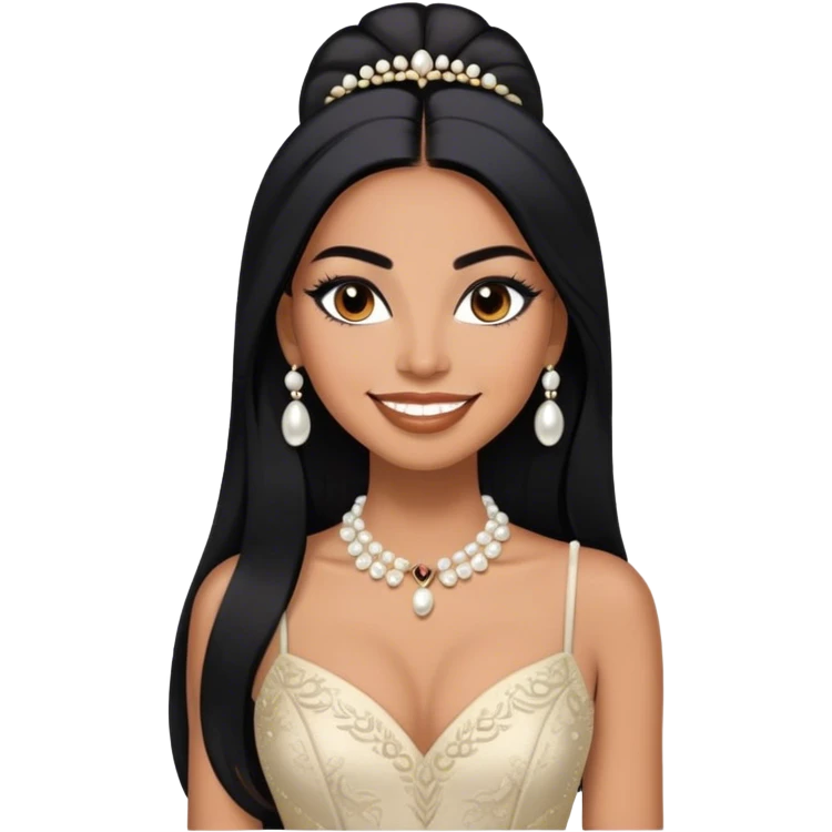 beautiful fit tall woman, with long straight black hair, with make up, black eye liner, smile mooth close, mexican, brown skin, wearing beautiful couture outfit and discret pearl  emoji