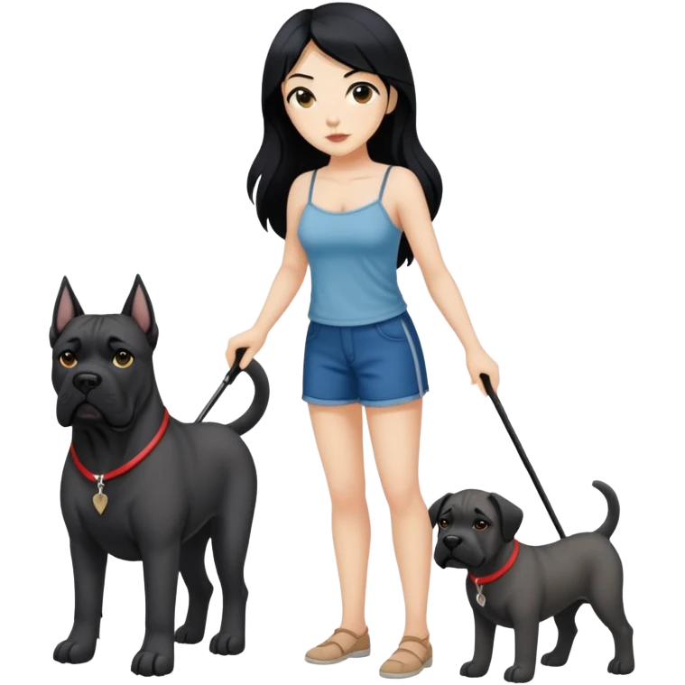 Woman with long black hair wearing spaghetti strap top holding a black Cane Corso dog with cropped ears and short tail emoji