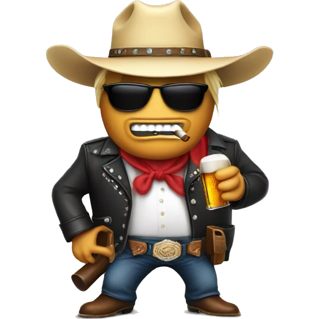 Donald trump in a cowboy hat smoking a cigar with a gun on his back and sunglasses on with a bottle of beer in his hand  emoji
