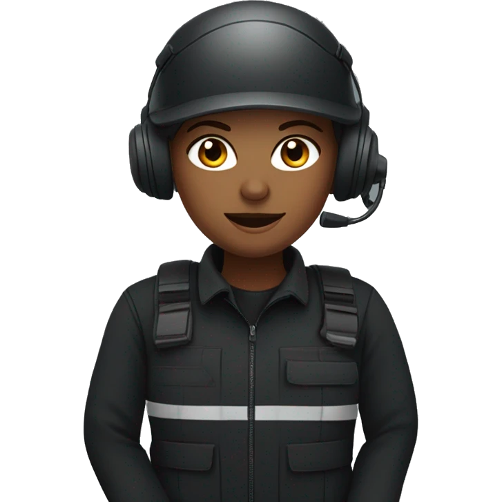 operator dressed in black with a milatary helmet, without glasses, wearing a headset, ready to respond to alerts, preferably curly redhead female emoji