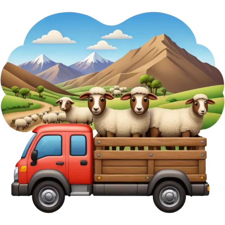 Cartoon 3D emoji of a Peruvian rural truck transporting sheep in the back, wooden cargo bed, Andes mountain landscape, dusty countryside road, glossy finish, bold outlines, vibrant natural colors, sticker design, transparent background emoji