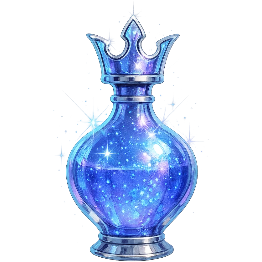 small crown-shaped luxurious elixir bottle, color #7986cb, iridescent and silver details, ultra intense magical glowing and sparkling effects, very small neck, seamless bottom, transparent background, floating, no base or shadow, modern, matching a collection emoji