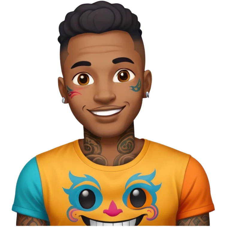 black man with bold face tattoos, happy face, wearing a colorful t-shirt emoji