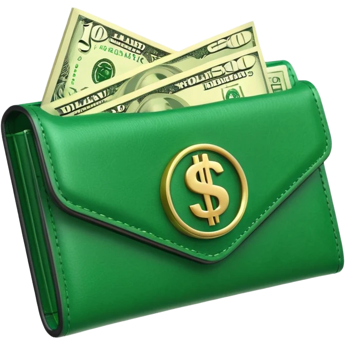Rich emoji style greenleather wallet with dollar bills, luxury money vibe, premium 3D emoji, ultra clean, high detail, no background emoji
