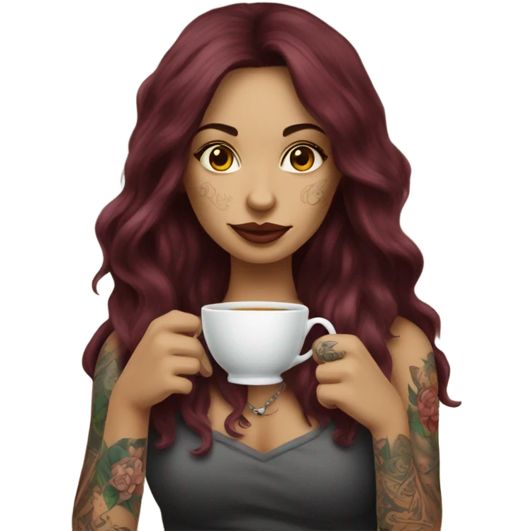 Beautiful tattooed  burgundy long haired woman sipping tea emoji