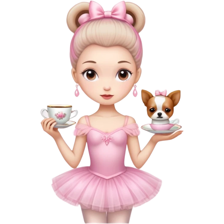Una bailarina con ropa rosada y con tutu y con cabeza de raza de té emoji