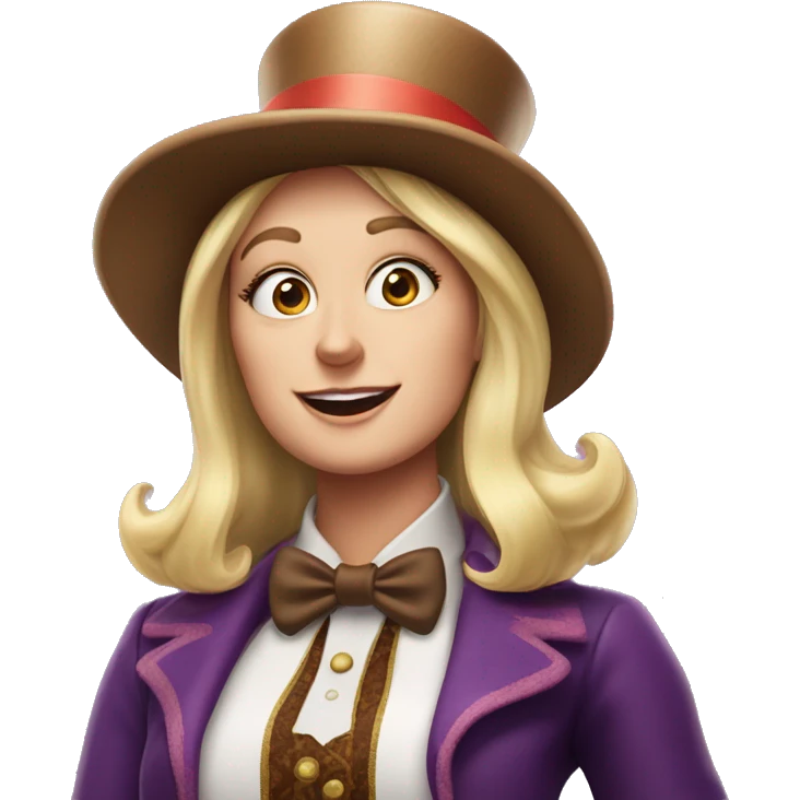 mujer rubia disfraz de Willy Wonka con sombrero estilo disney emoji