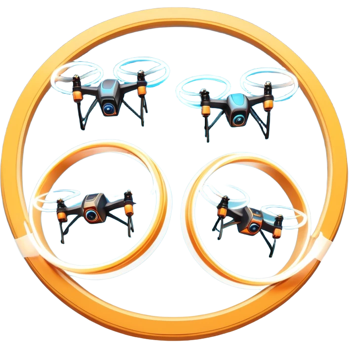 An icon featuring two racing drones flying at high speed through glowing rings on an obstacle course. Motion blur and a dynamic aerial path show intense competition. A controller appears in the corner. Transparent background highlights the thrill and precision of drone racing. emoji
