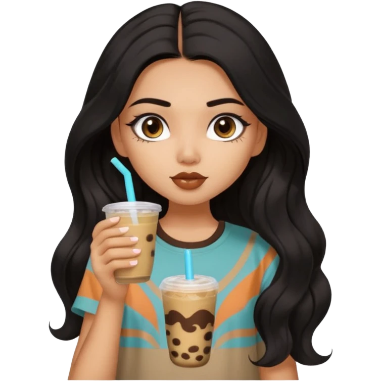 a pretty FAIR indian bratz girl with wavy long black hair, wearing an oversized brown tshirt, drinking boba, eyeliner on emoji