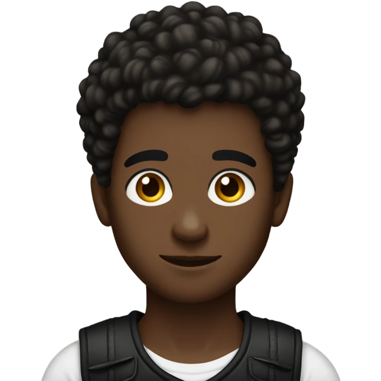Boy with hair shaved on the sides and long curly hair on top, dark brown eyes, wearing black tank top emoji