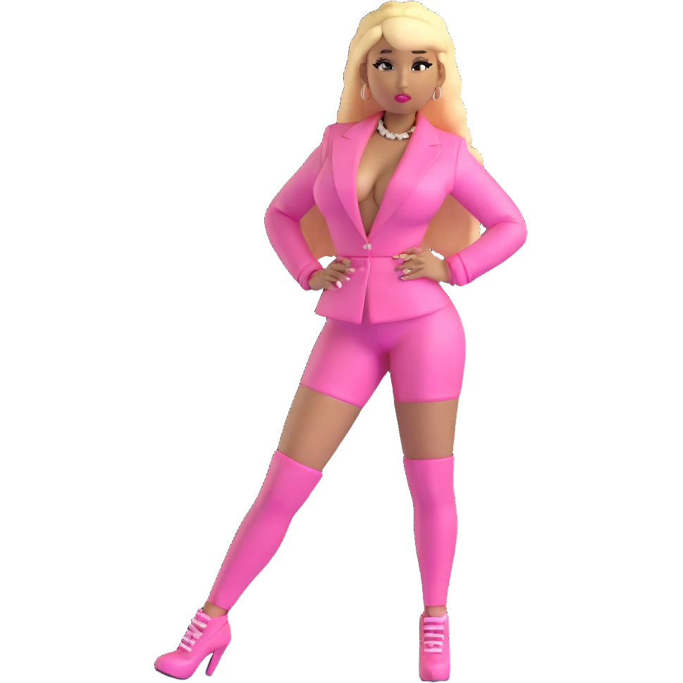 Nicki Minaj wearing a pink outfit with hair that is half blonde and half pink emoji
