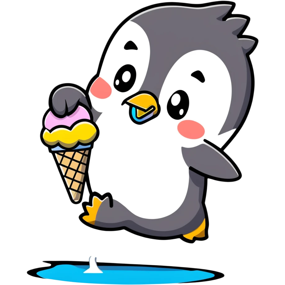 Clumsy penguin slipping on ice with ice cream cone emoji