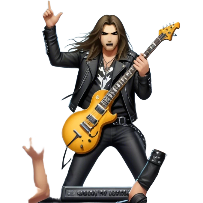 Icon for Heavy Metal: a metal band on stage, with electric guitars, drums, and a powerful vocalist. The atmosphere is intense with flashing lights, music notes, and a crowd of fans. The design should capture the energy and power of a live heavy metal performance. Transparent background. emoji