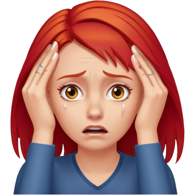 A realistic waist-up portrait of a frightened woman with her hands on her head and red hair emoji