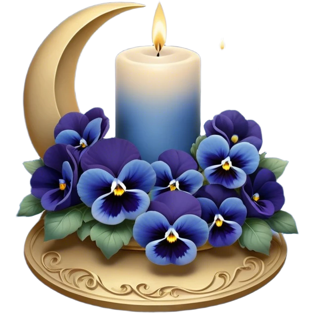 A dreamy celestial composition showcasing deep blue pansies with velvety petals, arranged around an intricately carved pearl-colored candle. The silver crescent moon in the background radiates a soft, celestial glow, illuminating swirling clouds with a hint of stardust. Floating lanterns drift gently through the night sky, casting warm, golden light. The scene is framed by delicate silver filigree patterns, giving it an elegant, almost magical feel. emoji