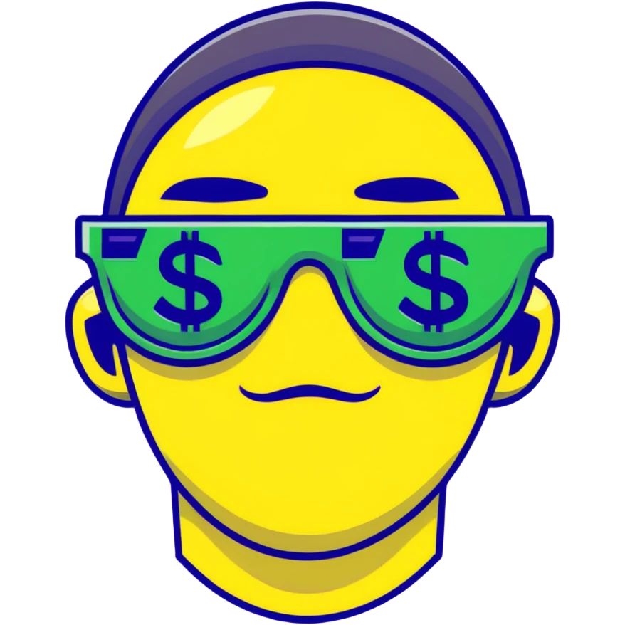 yellow face with green money signs for eyes, wearing slightly transparent black sunglasses, money symbols on face emoji