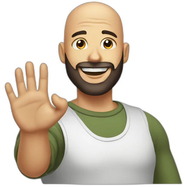 bald man with a beard waves his hand in greeting emoji