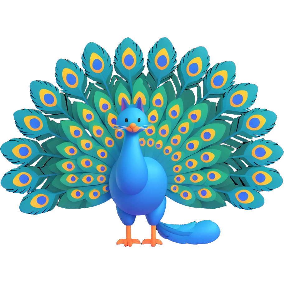 silly peacock with a cat, peacock fanning feathers over cat emoji