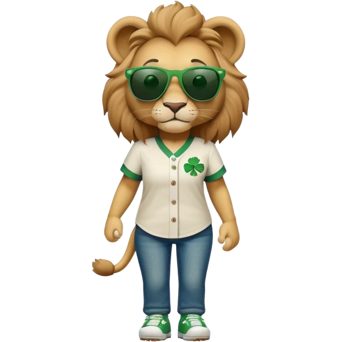 confident anthropomorphised female lion wearing baseball shirt and jeans with shamrock and green accents, dark sunglasses, walking upright, looking self-assured emoji