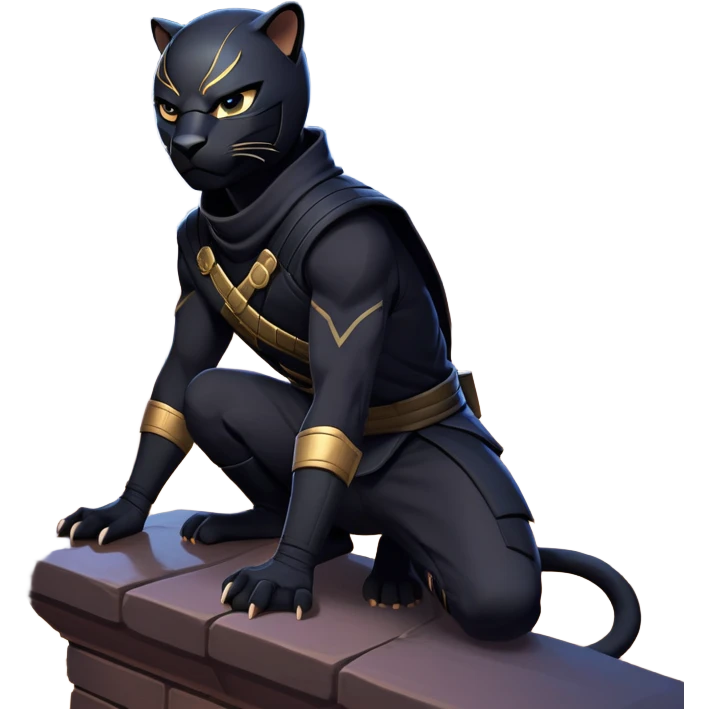 clash-of-clans-aesthetic_-cinematic-mysterious-male-ninja-portrait-emoji, rendered in a flat, vector-style with minimal shading and bold, simplified shapes, with a head slightly turned revealing intense, focused eyes, perched atop a sleek, agile panther with glossy fur moving silently through shadowed urban rooftops and moonlit alleyways. emoji