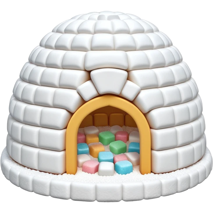 3D render of Marshmallow Igloo, made entirely of dessert materials, glistening sugar crystal texture, soft powdery white marshmallow bricks, delicious confectionery aesthetic, Apple emoji style, isolated on white background --v 6.0. emoji