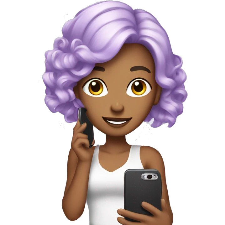 A pretty woman with lavender hair is taking a picture with her cell phone. emoji