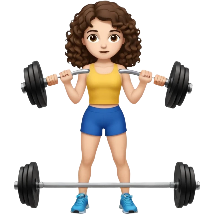 full body, very beautiful italian girl, dark brown eyes, looking like Emma Watson, with curly and big volume very bright brown hair, and a golden piercing ring in nose on left side, pumping dumbbells

 emoji