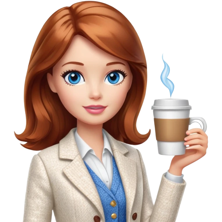 A Barbie girl with blue eyes, shoulder-length reddish-brown hair, made-up, wearing a white tweed jacket and a white skirt, with a glass of coffee in her hands emoji
