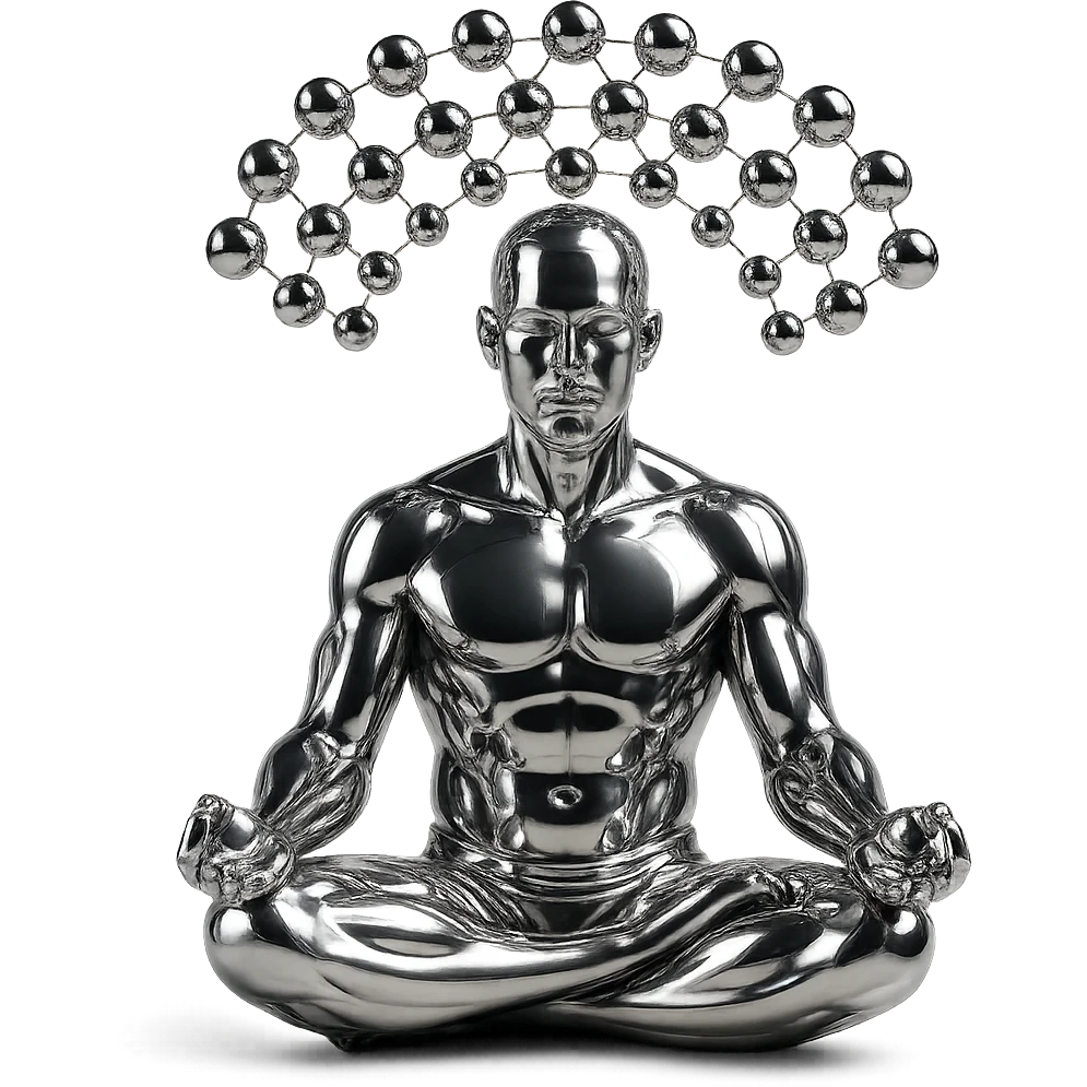 reflective chrome silhouette of a man in the lotus position, meditating, with a pattern of floating metallic spheres above, arranged like a net emoji