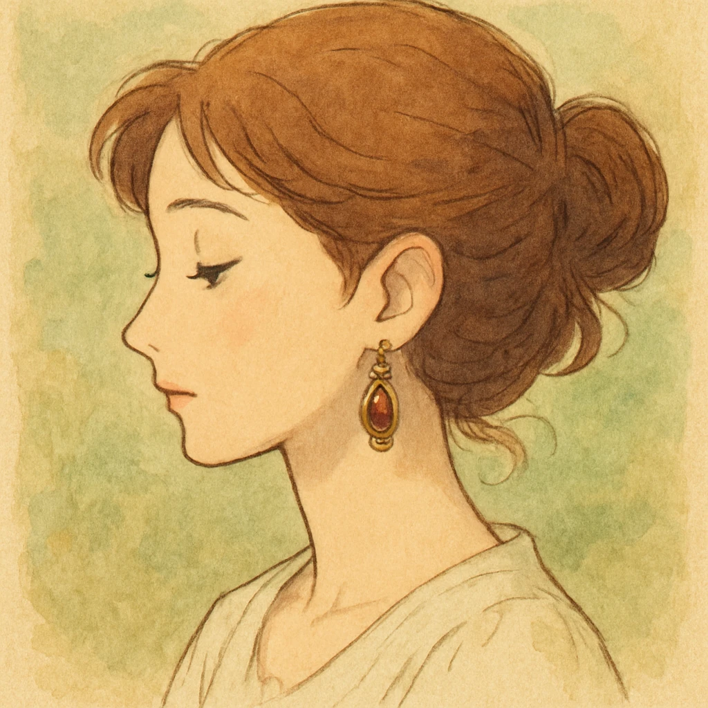 artistic and delicate ghibli style illustration of a woman in profile wearing earrings emoji