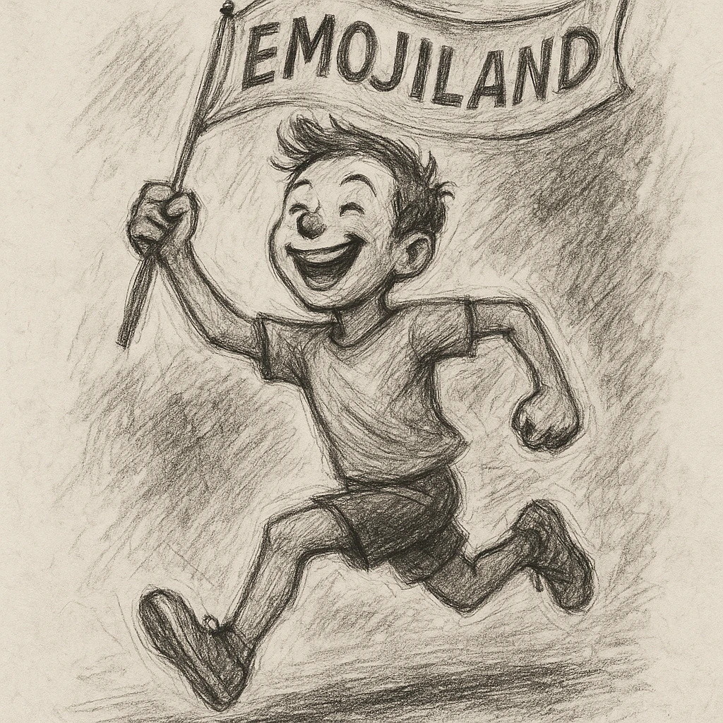 happy runner waving a flag that says 'emojiland’ emoji