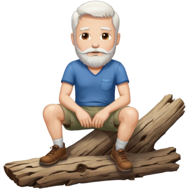 A white haired man with a beard sitting on a piece of wood wearing shorts emoji
