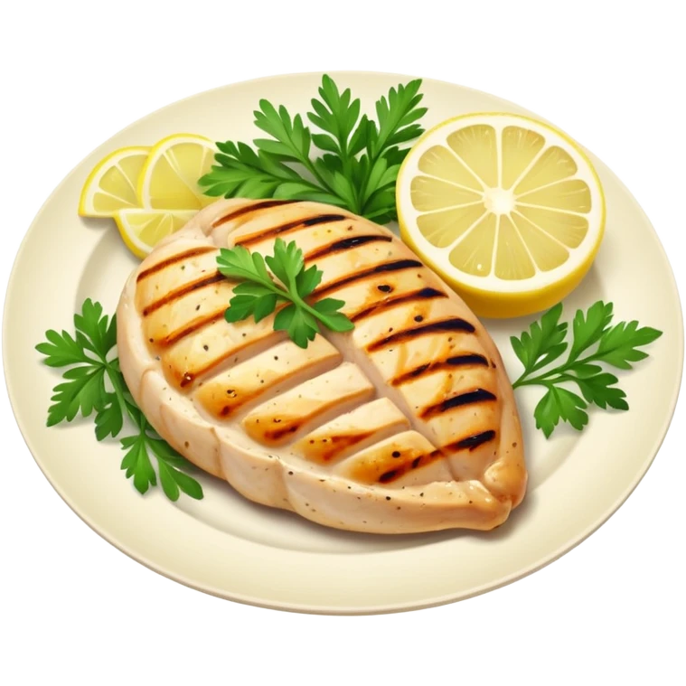 Draw a grilled chicken breast on a plate with herbs & lemon slices. emoji