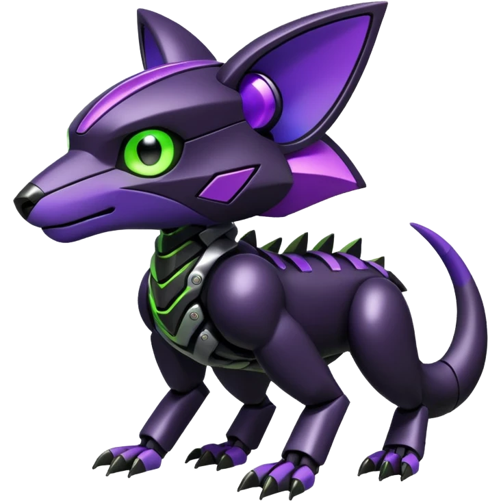 Futuristic modern mechanical badass cool shiny metallic alloy black-obsidian purple neon-green white lime animal hybrid Fakemon full body emoji