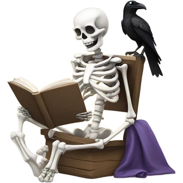 Skeleton reading while sitting with bow on their head and a raven emoji