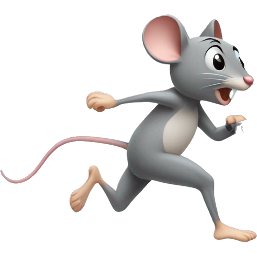 a grey mouse running flatout forward on a treadmil with sweat pouring off of his forehead.  emoji