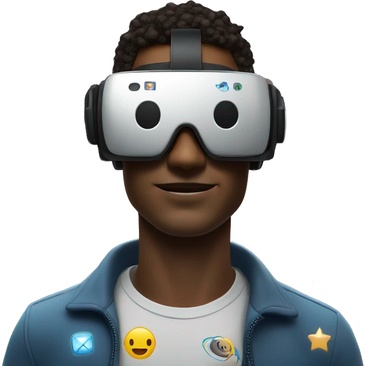 man in VR glasses surrounded by space and social network icons emoji