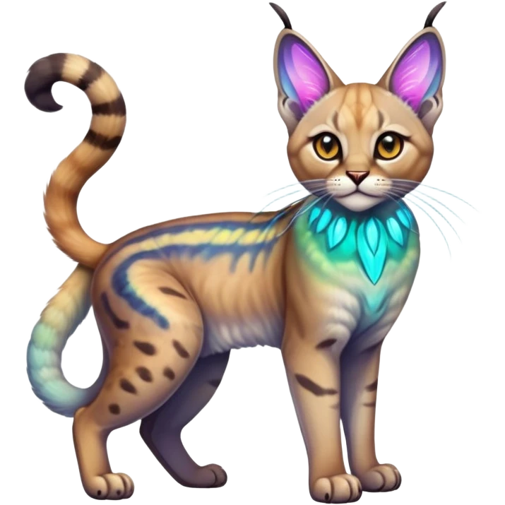 Colorful Neon exotic iridescent tropical shiny Fantasy-Siamese-Bobcat-Caracal-Moth-Scottish-Fold-feline-Fakémon-feline-hybrid (full body) emoji