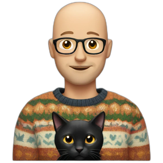 Bald man with funky sweater holding a black cat emoji