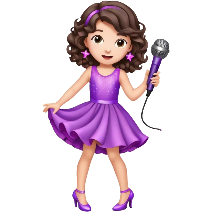 Cute Little brunette girl with curled hair singing into a microphone and dancing while wearing pink and purple and sparkles and high heel shoes emoji