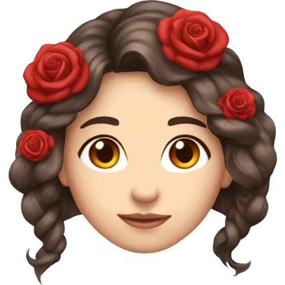 Beautiful, rose, red, flowers in hair, long dark brown hair, white fair skin emoji