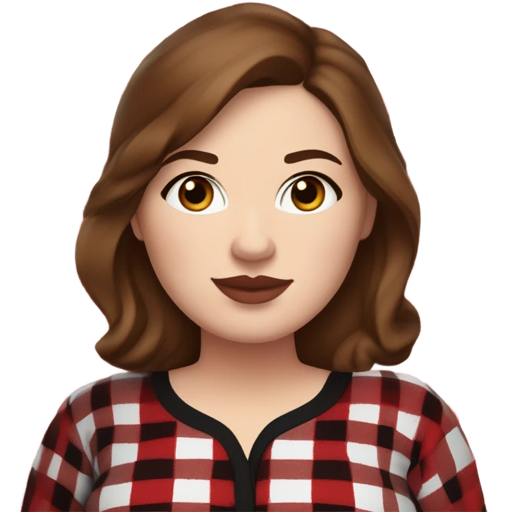 Plus size woman with brown hair and brown eyes wearing red and black buffalo plaid pjs. White skin. emoji