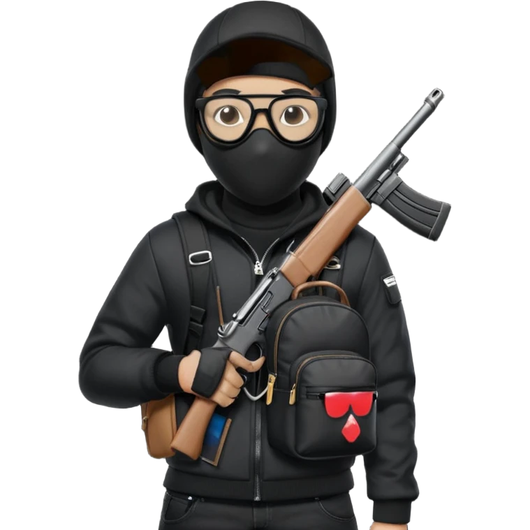 YN wearing a ski mask, holding a gun, all black fit, black jeans, Sprayground bookbag, confident stance with glasses emoji