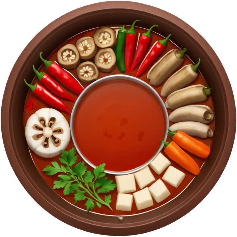 A hot pot emoji in top-down view. The pot is divided into two sections: one with spicy red broth filled with chili peppers, and one with mild white broth. Surround the pot with rolled slices of meat, vegetables, and mushrooms. emoji